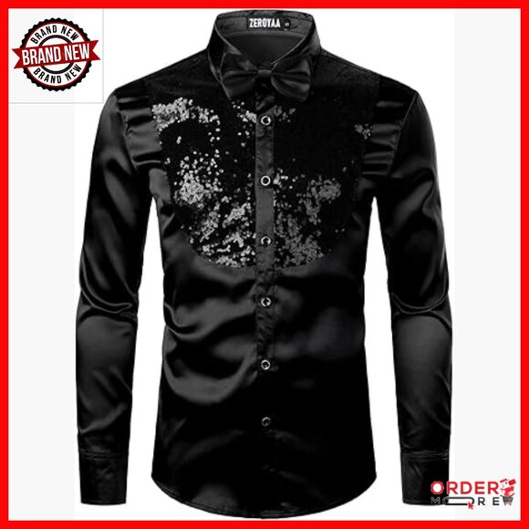 Men's Slim Fit Sequins Satin Dress Shirt Long Sleeve Button Up Party